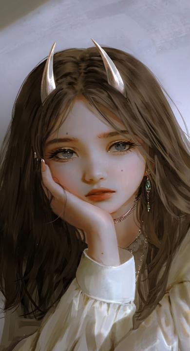 一手托腮的女孩 长发 兽角 动漫 手机 壁纸 高清壁纸 壁纸下载