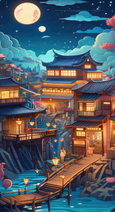 古风建筑 晚上 月亮 灯光 动漫 风景 手机壁纸 高清壁纸 壁纸下载