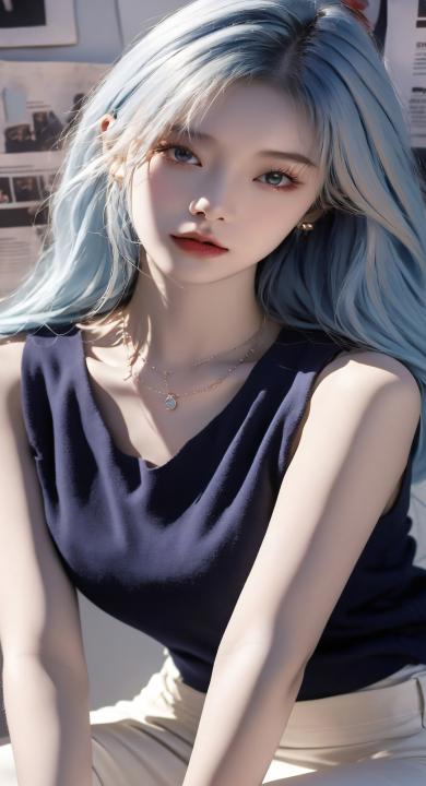 报纸墙 可爱 少女 蓝色 头发 手机 壁纸 耳钉 项链 高清壁纸 壁纸下载