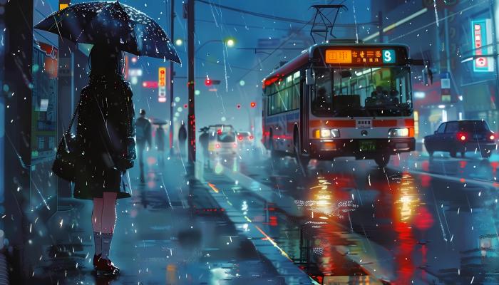 电脑壁纸 下雨天，公交站，手拿雨伞等待班车的裙装少女，学生，城市一角动漫 高清壁纸 壁纸下载