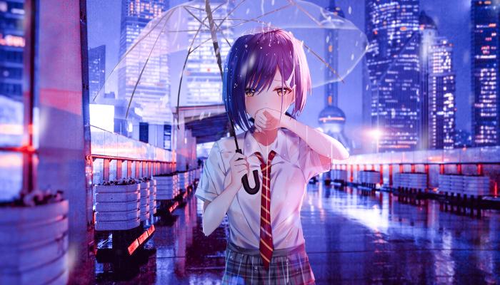 电脑壁纸 下雨天，撑着雨伞走在城市马路上哭泣的学生少女 高清壁纸 壁纸下载