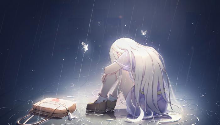 电脑壁纸 伤感女孩和蝴蝶精灵，下雨天，坐在冰冷地上埋头痛苦的动漫女孩 高清壁纸 壁纸下载
