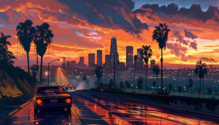 电脑壁纸 傍晚，夕阳下的城市边缘，高楼大厦灯火，公路，汽车，唯美城市场景 高清壁纸 壁纸下载