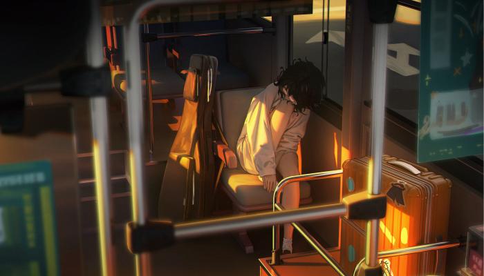电脑壁纸 公交车少女和她的乐器包袱唯美动漫插画 高清壁纸 壁纸下载