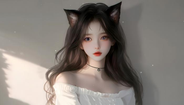 电脑壁纸 兽耳 猫耳少女 长卷发 白色裙子 简单背景 电脑桌面 高清壁纸 壁纸下载