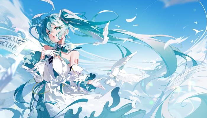电脑壁纸 初音未来 白鸽 信鸽 蓝天 白云 电脑桌面 高清壁纸 壁纸下载