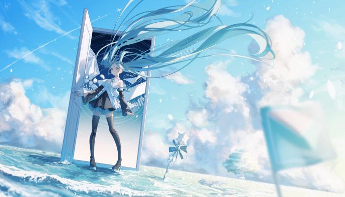 电脑壁纸 初音未来，大海，海水，打开海上之门的初音未来唯美插画 电脑桌面 高清壁纸 壁纸下载