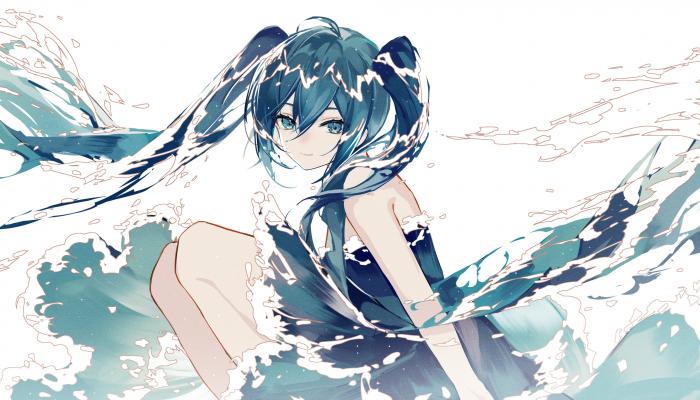 电脑壁纸 动漫 动漫女孩 初音 双尾 水 海浪 电脑桌面 高清壁纸 壁纸下载