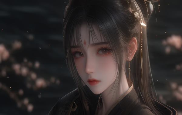 电脑壁纸 动漫 唯美 古韵 古风 美女 眉心点红的古装黑衣 高清壁纸 壁纸下载
