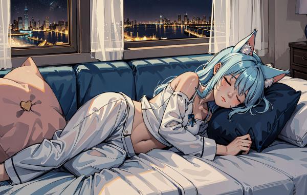 电脑壁纸 动漫 猫女 可爱 女孩 蓝发 沙发 抱枕 衣服 窗户 窗帘 高清壁纸 壁纸下载-蚂蚁资源网