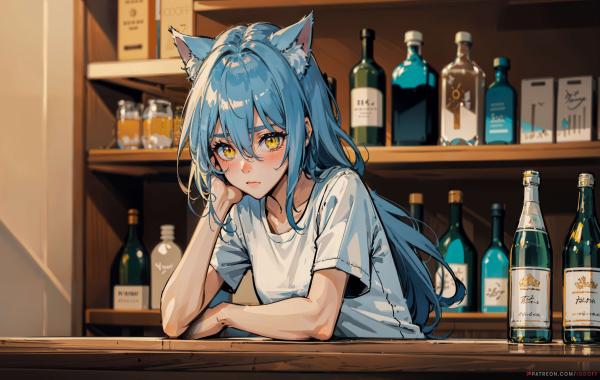 电脑壁纸 动漫 猫女 可爱 耳朵 长发 衬衫 酒 柜台 高清壁纸 壁纸下载-蚂蚁资源网