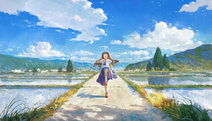 电脑壁纸 动漫 稻田 乡村 蓝天 放学 油画 电脑桌面 高清壁纸 壁纸下载