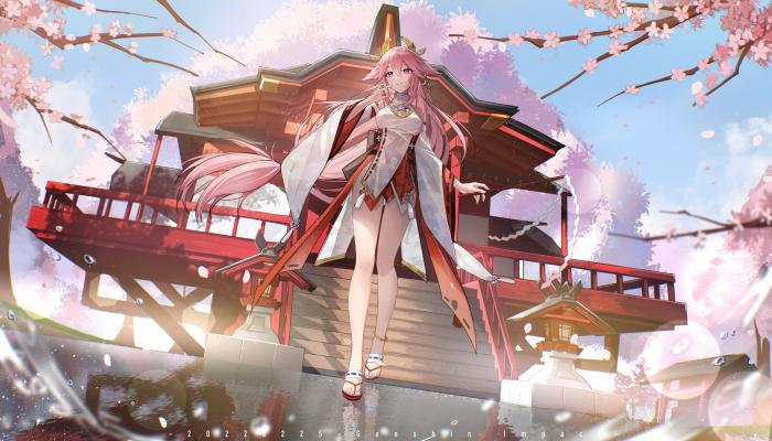 电脑壁纸 原神 八重神子 动漫女孩 阁楼 古建筑 桃花 粉色长发 电脑桌面 高清壁纸 壁纸下载