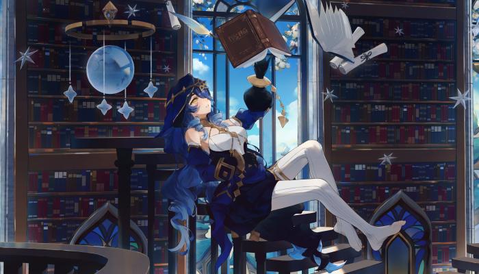 电脑壁纸 原神 拿书的女孩 魔法 书架 仓鼠 星星 窗户 电脑桌面 高清壁纸 壁纸下载