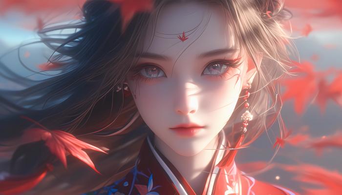 电脑壁纸 古风美女，眼神清澈的古装红衣AI动漫美女 电脑桌面 高清壁纸 壁纸下载