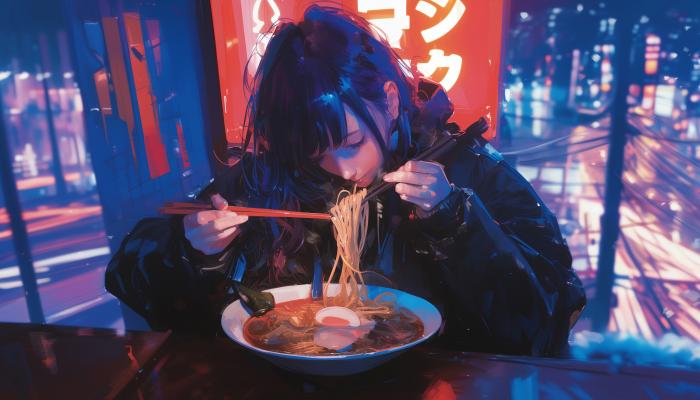 电脑壁纸 吃面条的女生，繁华都市，城市，夜晚，街头，吃面条的动漫女生 高清壁纸 壁纸下载