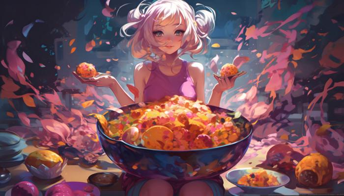 电脑壁纸 唯美食不可辜负，大快朵颐的动漫美女和美食AI插画 高清壁纸 壁纸下载