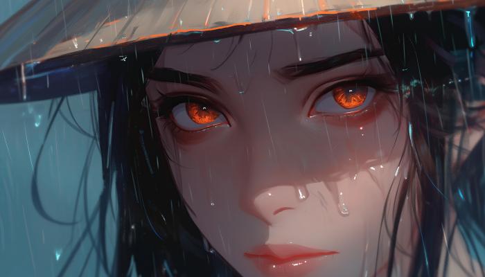 电脑壁纸 在雨中，戴着斗笠，脸上都是雨水的红色眼睛AI美女 电脑桌面 高清壁纸 壁纸下载