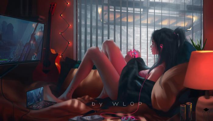 电脑壁纸 坐在床上玩ps5手柄游戏的动漫美腿美女插画 电脑桌面 高清壁纸 壁纸下载