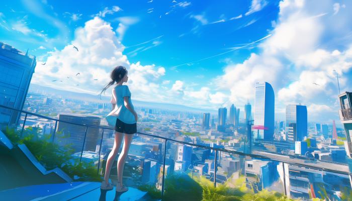 电脑壁纸 城市，天空，靠着栏杆的动漫女孩唯美动漫插画 高清壁纸 壁纸下载
