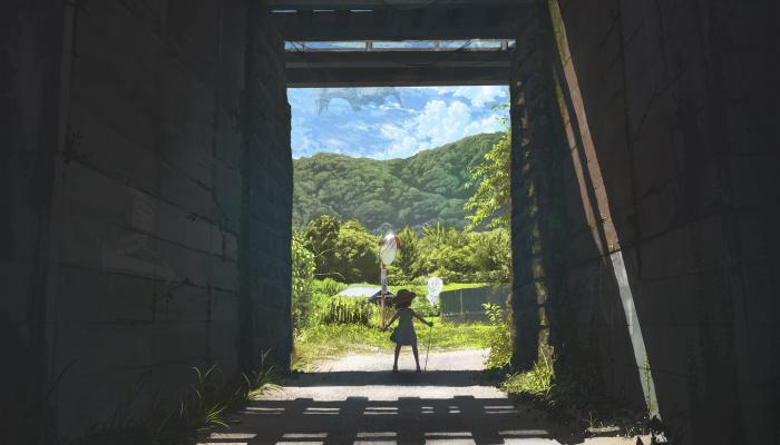 电脑壁纸 夏日炎炎，站着隧道口，手拿扑网，戴着草帽的可爱动漫小女孩唯美插画 高清壁纸 壁纸下载