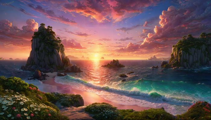 电脑壁纸 夕阳下，美丽的海岛，翻滚清澈的海浪，蓝色海水，日落，云彩，AI绘制风景动漫美图 电脑桌面 高清壁纸 壁纸下载