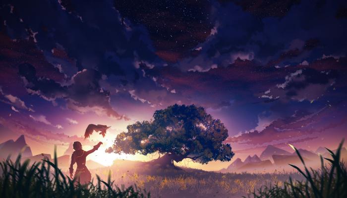 电脑壁纸 夕阳下，荒野草原外，一颗歪着生长的大树，一个放鹰的少年唯美动漫景色 电脑桌面 高清壁纸 壁纸下载