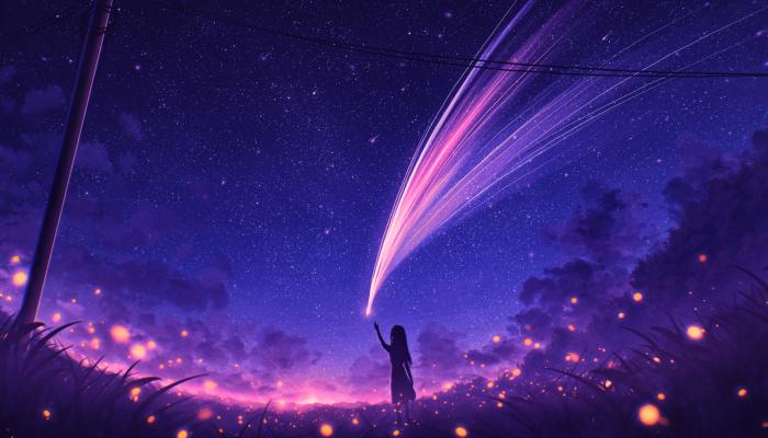 电脑壁纸 夜晚天空，繁星点点，行走在原野草原上的动漫女孩和萤火虫 电脑桌面 高清壁纸 壁纸下载