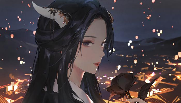 电脑壁纸 夜晚，孔明灯，节日，头上长角，黑发，长发，侧颜，古风美女插画 高清壁纸 壁纸下载