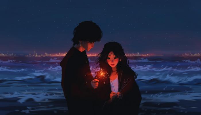 电脑壁纸 夜晚，海边，点着烟花，充满爱意的，意境很美的一对浪漫情侣唯美插画 电脑桌面 高清壁纸 壁纸下载