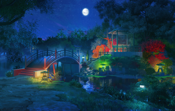 电脑壁纸 夜景 月亮 星星 星星的天空 桥梁 森林 自然 河 水 树 高清壁纸 壁纸下载