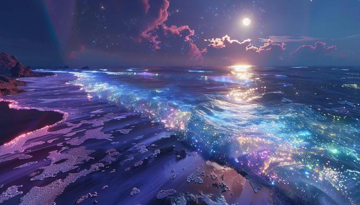 电脑壁纸 夜色如华，明月，月光下的浪漫海边，映出晶莹的海浪唯美动漫风景插画 电脑桌面 高清壁纸 壁纸下载