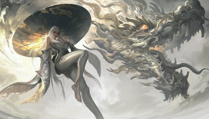 电脑壁纸 天空中，撑伞的白发仙女，和她的龙，巨龙唯美动漫插画 高清壁纸 壁纸下载
