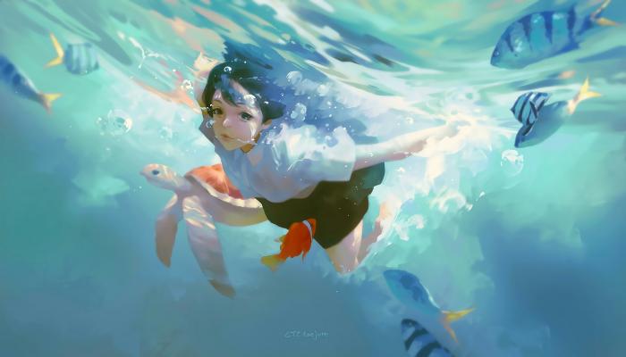 电脑壁纸 女人 深色头发 游泳 乌龟 鱼 插图 动漫女孩 高清壁纸 壁纸下载