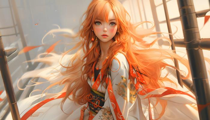 电脑壁纸 女人 红发 长发 人工智能艺术 亚洲服装 AI艺术 阳光 耳环 项链 和服 腮红 高清壁纸 壁纸下载