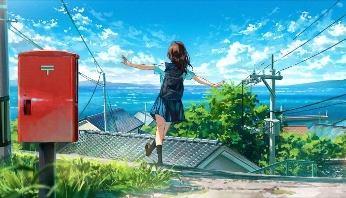 电脑壁纸 女学生 动漫 女孩 校服 云 水 天空 村庄 电线 草 电脑桌面 高清壁纸 壁纸下载