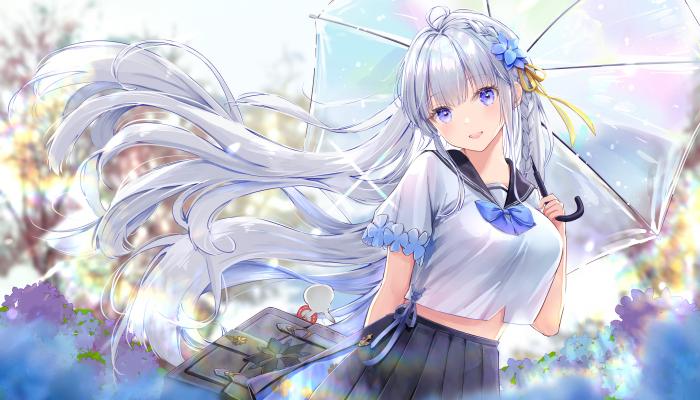 电脑壁纸 女学生 蓝眼睛 长发 赤坂浅草 动漫 女孩 雨伞 校服 银发 艺术品 电脑桌面 高清壁纸 壁纸下载
