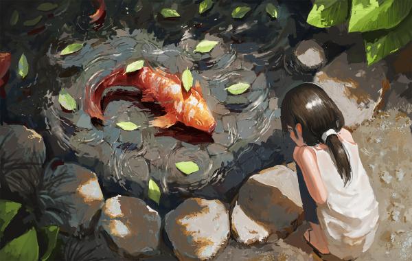 电脑壁纸 女孩在池塘边，看着水里游动的金色鲤鱼 高清壁纸 壁纸下载