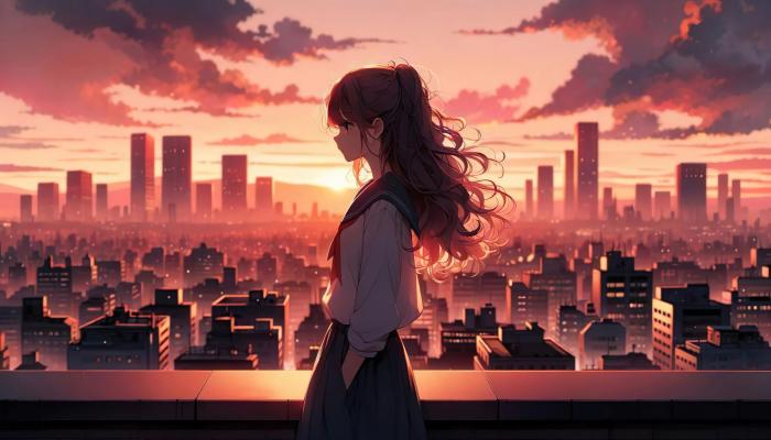 电脑壁纸 女生 夕阳 城市 动漫风景 电脑桌面 高清壁纸 壁纸下载
