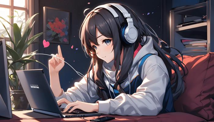 电脑壁纸 小小书房，戴着耳机，上网，玩笔记本电脑的AI动漫美少女 电脑桌面 高清壁纸 壁纸下载