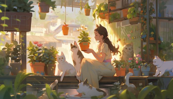 电脑壁纸 少女和她的猫咪，盆栽美图壁纸，养了很多可爱小猫咪的少女和满是绿植盆栽的小店动漫 电脑桌面 高清壁纸 壁纸下载