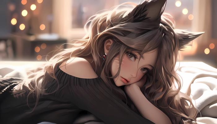 电脑壁纸 少女猫耳朵 兽耳 黑色毛衣 AI艺术 床 电脑桌面 高清壁纸 壁纸下载