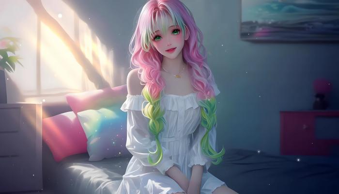 电脑壁纸 彩虹少女 床 阳光 抱枕 壁画 AI艺术 电脑桌面 高清壁纸 壁纸下载