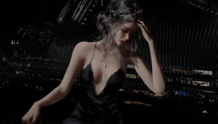 电脑壁纸 性感动漫女神壁纸，手捂额头，坐在钢琴前，穿着黑色吊带睡裙的公主 高清壁纸 壁纸下载