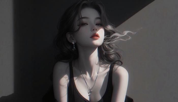 电脑壁纸 性感女神，身着黑色背心的高颜值气质美女小姐姐AI美图 电脑桌面 高清壁纸 壁纸下载