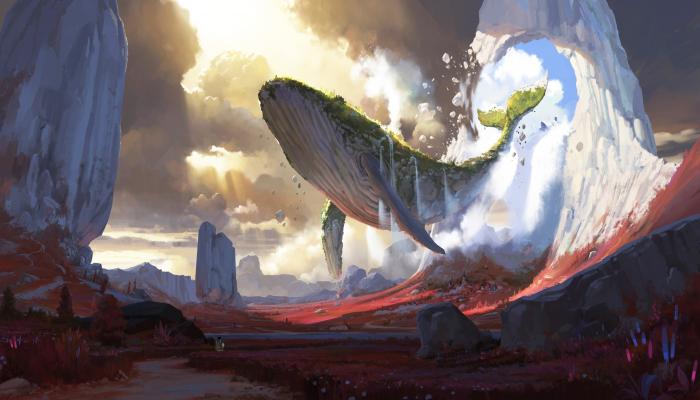 电脑壁纸 怪石嶙峋的野外，飞翔在空中，身上布满青苔的鲸鱼梦幻唯美插画 电脑桌面 高清壁纸 壁纸下载