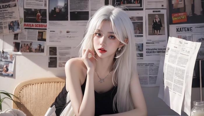 电脑壁纸 报纸美女，贴满报纸墙壁前，坐在椅子上的白色染发发型高颜值AI美女 电脑桌面 高清壁纸 壁纸下载