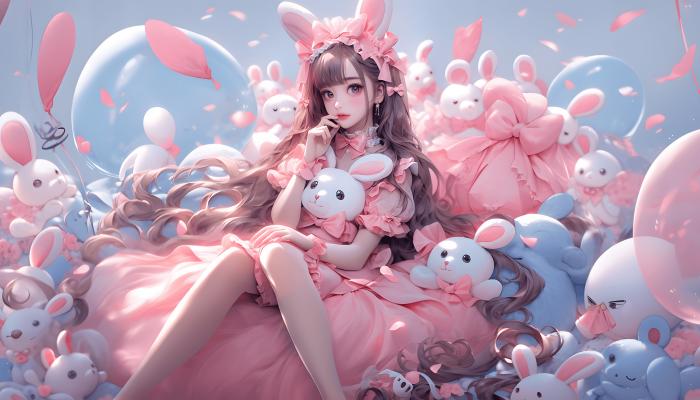 电脑壁纸 抱着可爱兔子玩偶，一身粉红芭比兔裙装的AI动漫美少女可爱 高清壁纸 壁纸下载