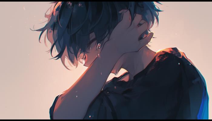 电脑壁纸 抱着头，流泪的大男孩侧脸动漫插画 电脑桌面 高清壁纸 壁纸下载