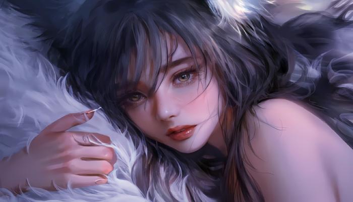 电脑壁纸 抱着毛绒枕头的大眼睛美女狐妖高清插画 电脑桌面 高清壁纸 壁纸下载